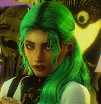 A game screenshot of a sim with green hair