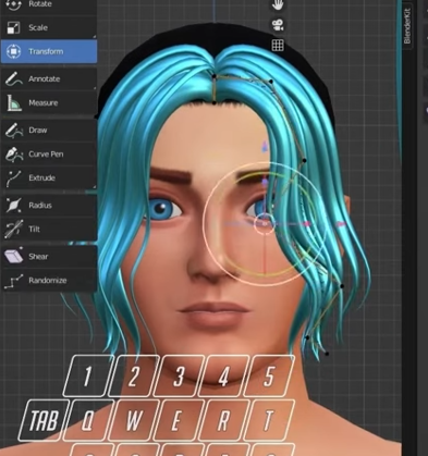 Screenshot of a blender workflow, male sim with blue hair