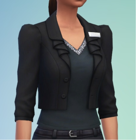 A game screenshot of a female sim in a black suit jacket with black shirt