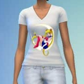A game screenshot of a sim wearing a white Sailor Moon graphic tee