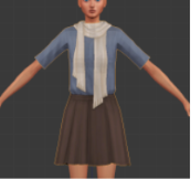 A female sim wearing a blue tshirt with a white scarf and short brown skirt