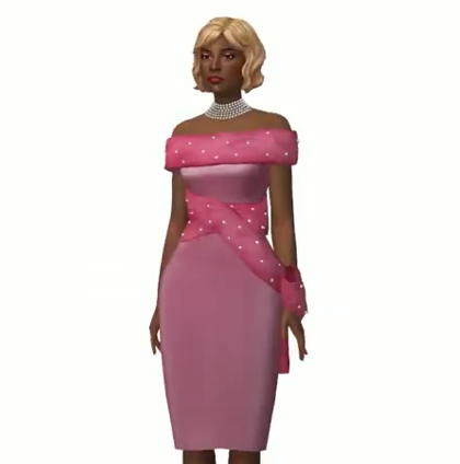 A game screenshot of a female sim in a pink dress